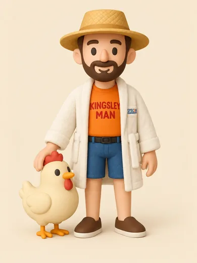 Jeremy in his straw hat and white robe, with his chicken